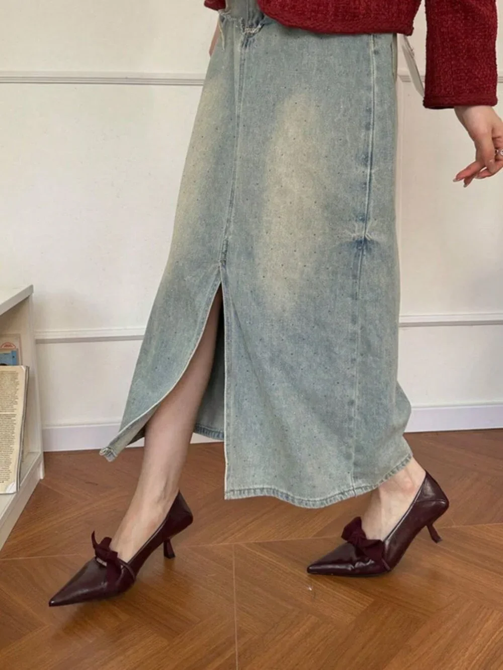 Burgundy Preppy Women's Elegant Bowknot Criss Cross Plain Slip On Pumps